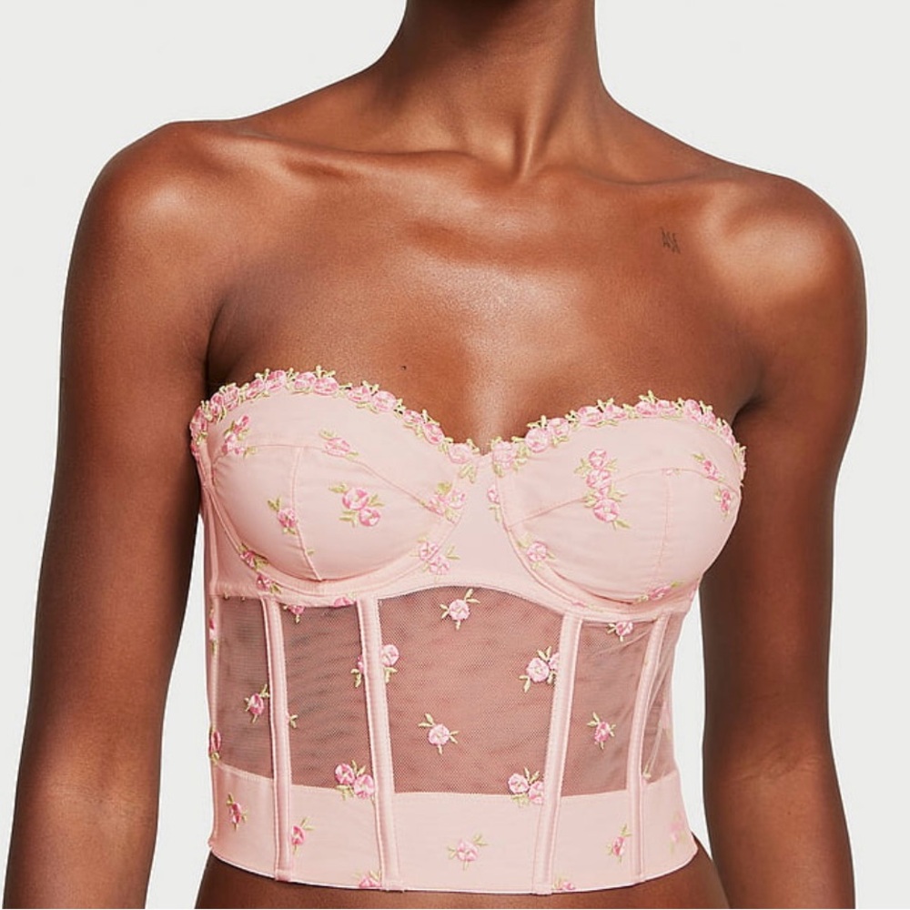 Rosebud Embroidery Unlined Strapless Plunge-Back Corset Top 38D NWT